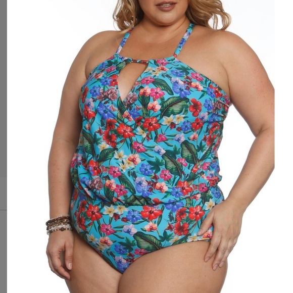 Blue Floral Tiki Time Keyhole Surplice One-Piece Women’s Size 18W - Picture 2 of 5